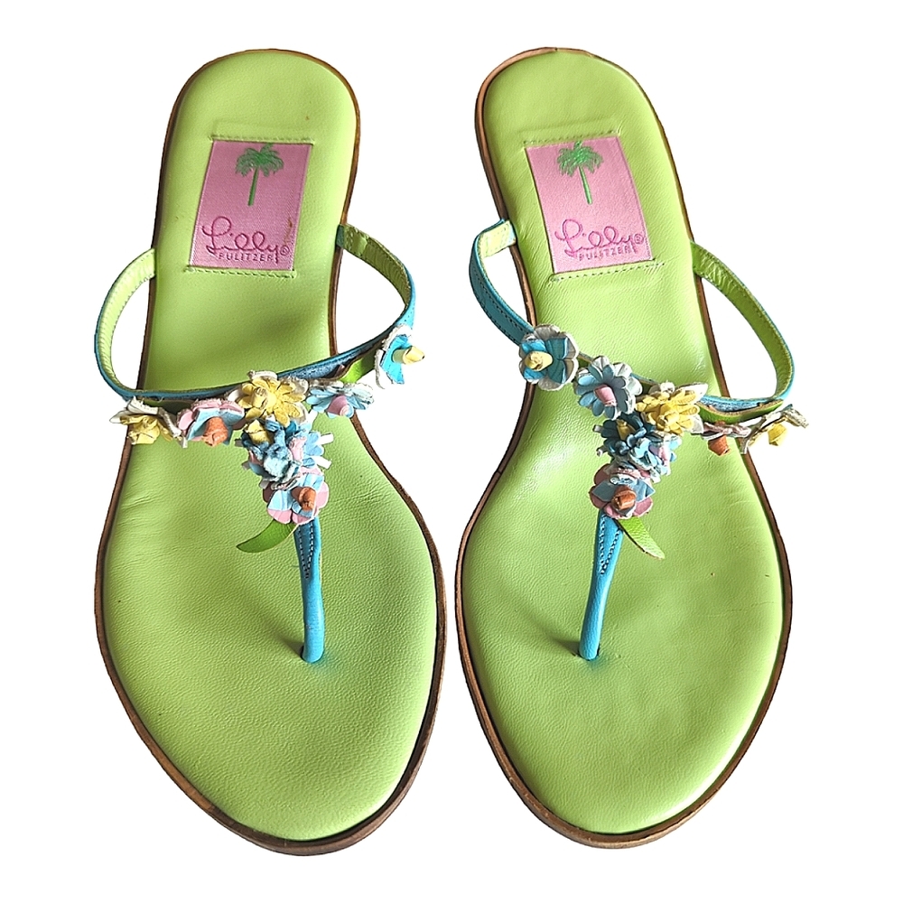 Lilly Pulitzer Lime Green & Turquoise Floral T-Strap Sandals size 7